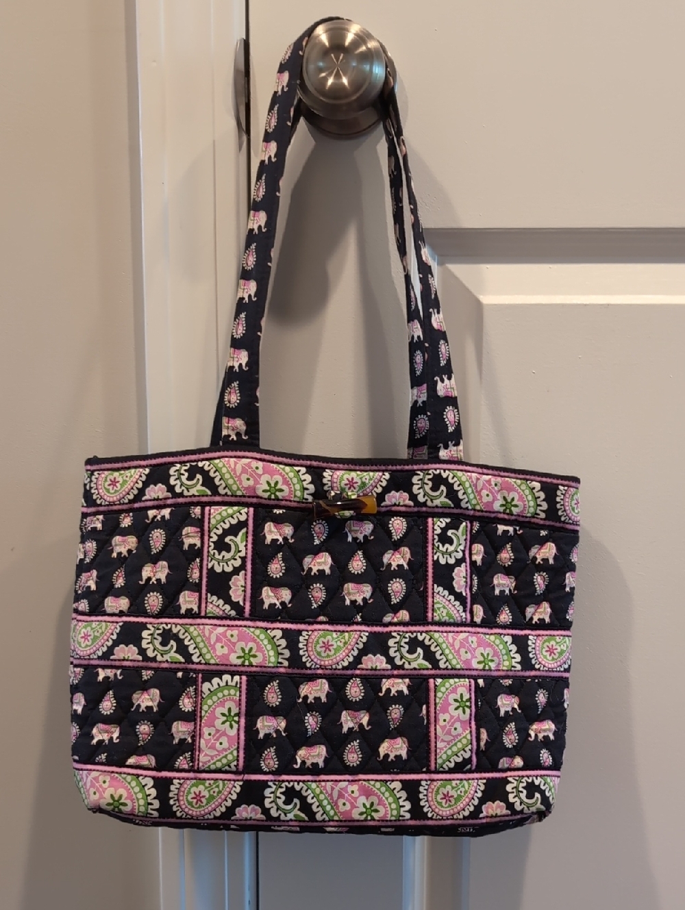 Vera Bradley Quilted Black And Pink Elephant Print Tote Bag